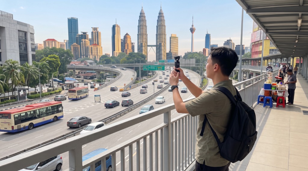 Creator creating a vlog with a DJI Pocket 3 overlooking Kuala Lumpur