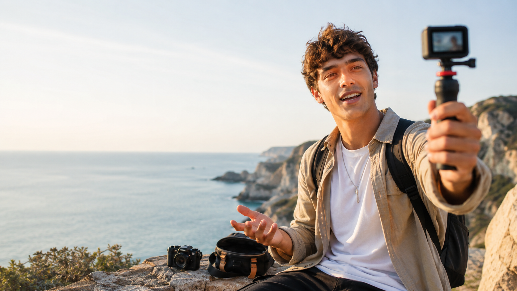 Traveller creating a vlog with a compact action camera